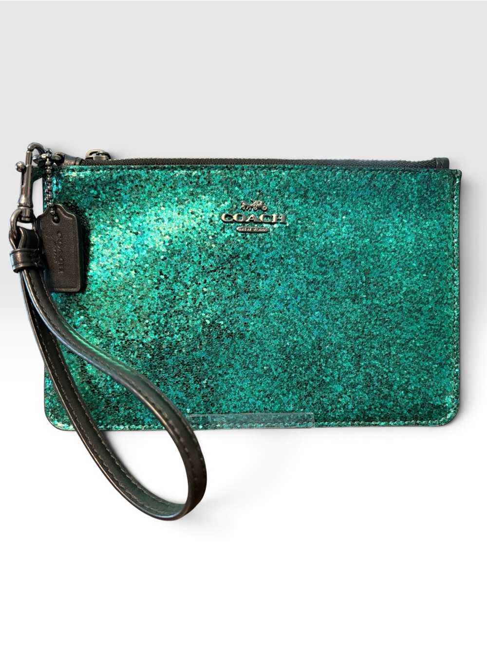 Coach 77964B Emerald Green Glitter Wristlet NWOT Dust Bag